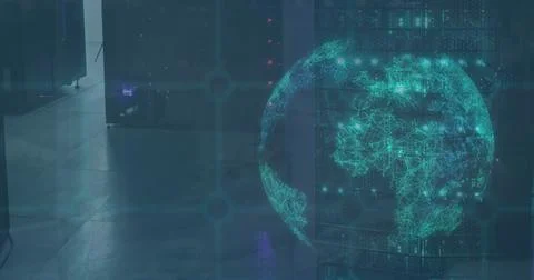 Image of globe rotating, multiple graphs and numbers, grid over data server 스톡 사진