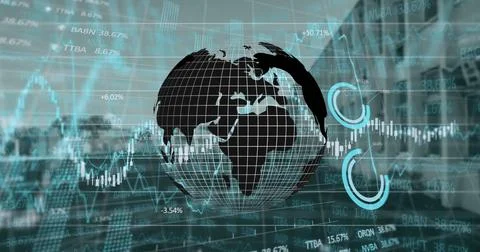 Image of globe rotating over data processing on vr headset over hand Stock Illustration