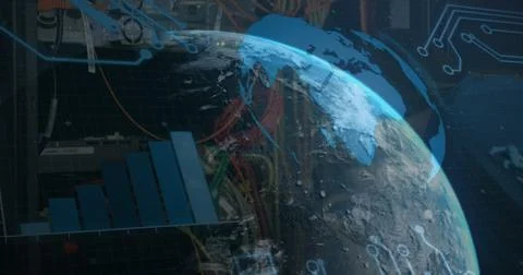 Image of globe rotating over data and graphs on black background 스톡 사진