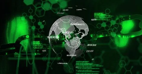 Image of globe rotating over scientific data on black background Stock Photos