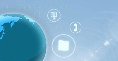Image of globe rotating with various mobile application icons on blue background Stock Photos