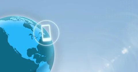 Image of globe rotating with various mobile application icons on blue background Stock Photos