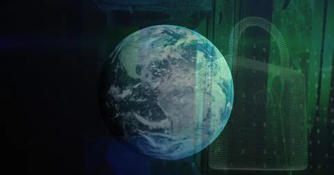 Image of globe, security padlock icon and data processing against computer Illustrazione stock