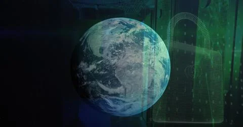 Image of globe, security padlock icon and data processing against computer 写真素材