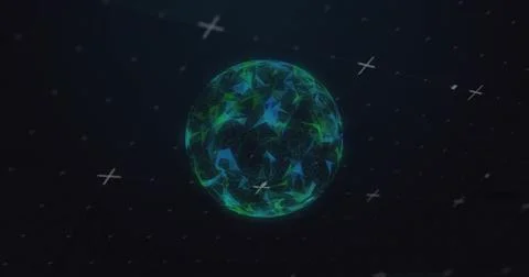 Image of globe of shapes over black background 库存插图