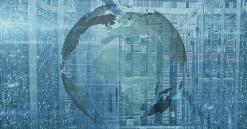 Image of globe spinning and data over tech room with computer servers Stock Illustration