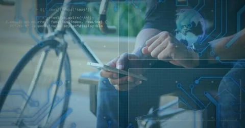 Image of globe spinning and data processing on screens over man using smartphone Foto stock