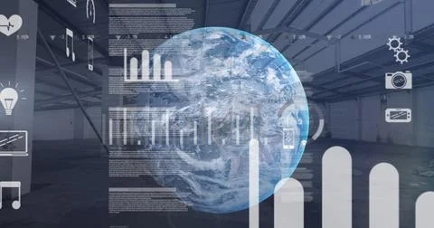 Image of globe spinning and digital icons over warehouse Ilustração Stock