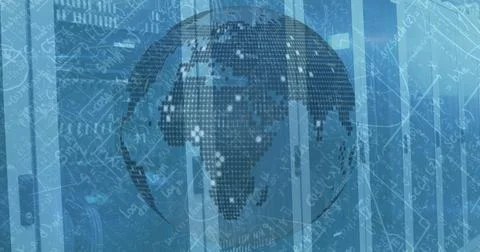Image of globe spinning and mathematical data over tech room with computer 스톡 사진