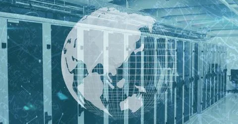 Image of globe spinning and network of connections over computer servers Stock Photos