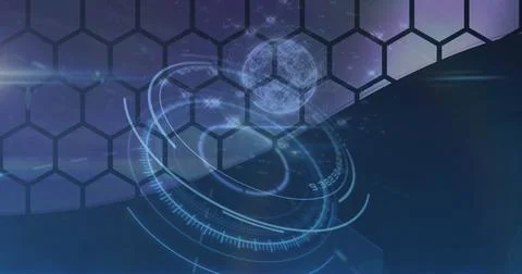 Image of globe spinning and scope scanning over hexagons Stock Illustration