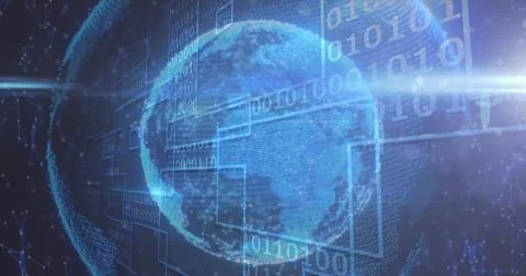 Image of globe spinning over binary coding data processing on blue background 스톡 사진