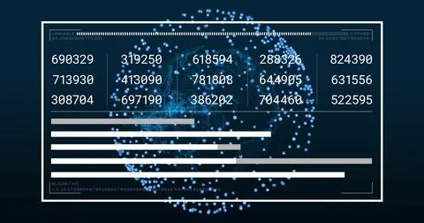 Image of globe with spots and data processing on black background 스톡 일러스트