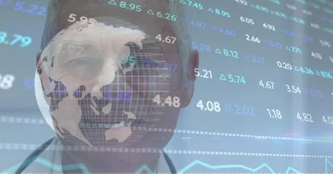 Image of globe, statistics and data processing over male doctor Stock Illustration