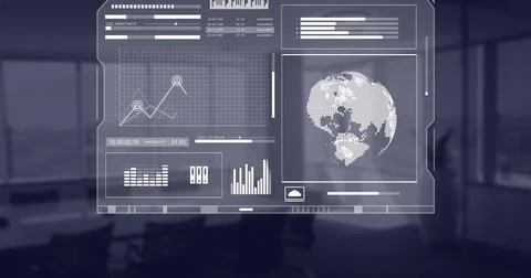Image of globe, statistics and data processing over office Foto stock