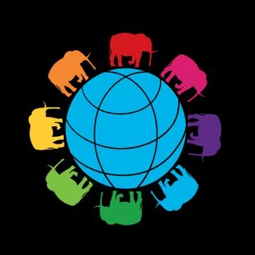 Image of the globe surrounded by the colored silhouettes of running elephants Stock Illustration