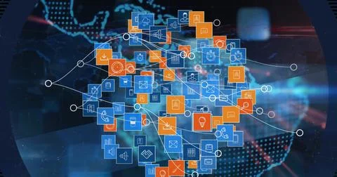Image of globe, world map and tech icons with connections over black background Stock Illustration