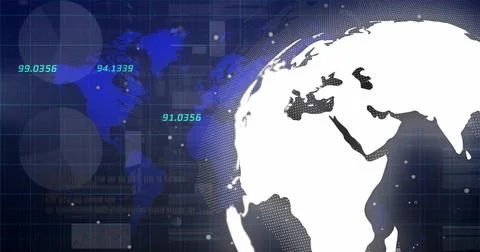 Image of globe, world map and financial data over navy digital space Stock Illustration