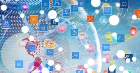 Image of globe, world map and tech icons over blue background Stock Illustration