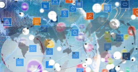 Image of globe, world map and tech icons over blue background Stock Photos