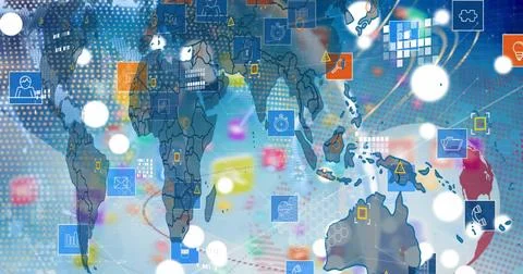 Image of globe, world map and tech icons over blue background Stock Photos