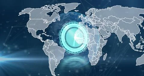 Image of globe, world map, clock and connections over navy background Stock Illustration