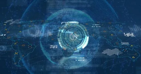 Image of globe, world map, clock and icons over navy background Stock Illustration