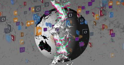 Image of globe, world map, dna and tech icons over grey background Stock Illustration