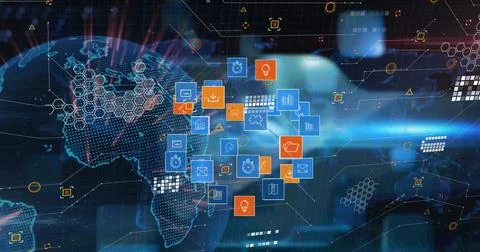 Image of globe, world map, icons and data in black digital space Stock Illustration