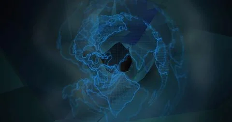 Image of globe with world map over digital screen with shapes Ilustração Stock