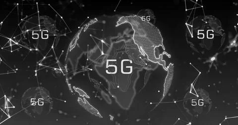Image of globes with 5g and network of connections on black background Illustrazione stock