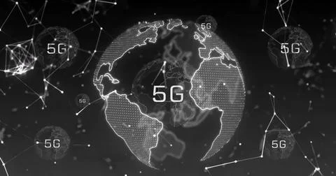 Image of globes with 5g over network of connections on black background Stockillustratie