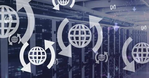 Image of globes and data processing over computer servers Foto stock