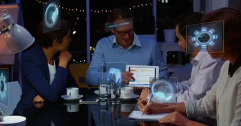 Image of globes and data processing over diverse business people in office Stock Photos