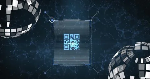 Image of globes and qr code on black background 스톡 사진