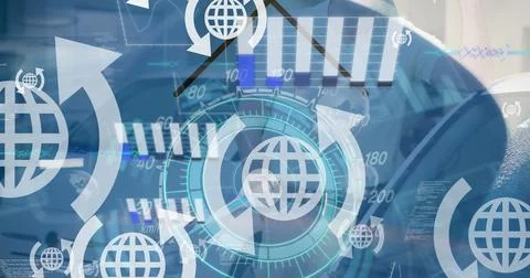 Image of globes, arrows, data processing and speedometer over car 스톡 일러스트