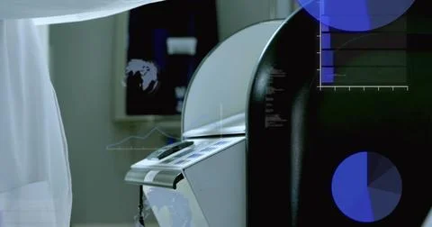 Image of globes, computer language, caucasian scientist removing liquid beakers Stock Photos
