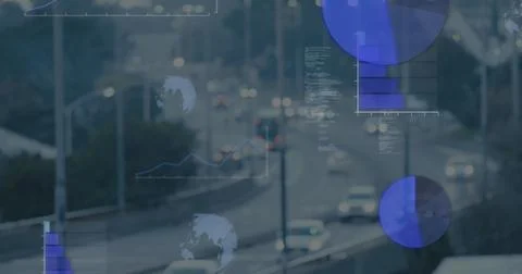 Image of globes, graphs, computer language over high angle view of moving Foto stock