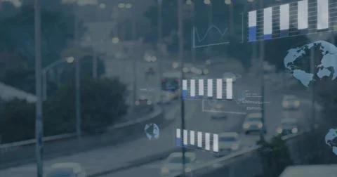 Image of globes, graphs, computer language over high angle view of moving Foto stock