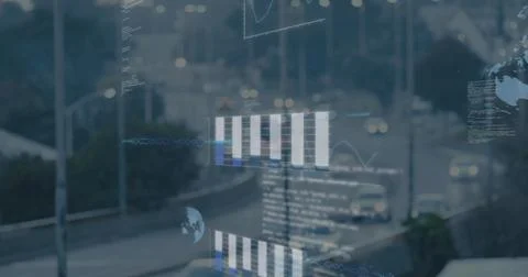 Image of globes, graphs, computer language over high angle view of moving Foto stock