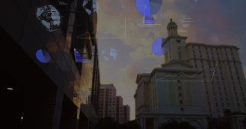 Image of globes, graphs, computer language over low angle view of buildings Stock Photos