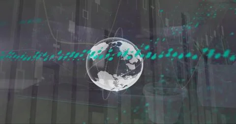 Image of globes, graphs over close up of coffee cup on tablet Stock Photos