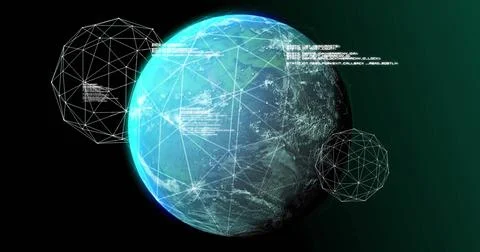 Image of globes moving and data processing over black background 写真素材