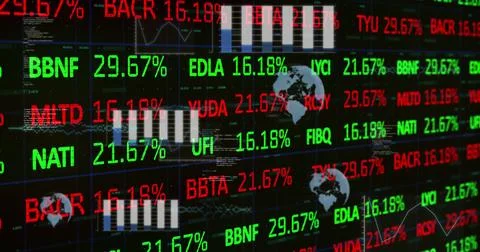 Image of globes, multiple graphs and database over trading board against bl.. イラスト素材