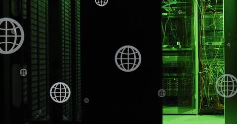 Image of globes over data illuminated server systems in data server room 스톡 일러스트