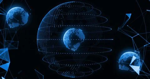 Image of globes over network of connections on black background Stock Photos
