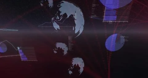 Image of globes, programming language, bar graph over red dots forming abst.. 写真素材