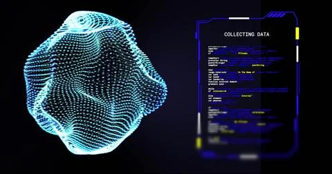 Image of glowing 3d network and interface collecting data on black background Foto stock
