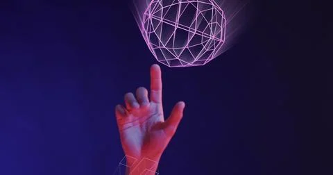 Image of glowing 3d shapes of data transfer over hand of asian man Foto stock