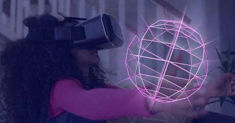 Image of glowing 3d shapes of data transfer over girl in vr headset Stock Photos